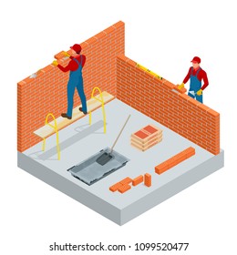 Isometric industrial worker building exterior walls, using hammer and level for laying bricks in cement. Construction building industry, new home. Workers with tools vector illustration.