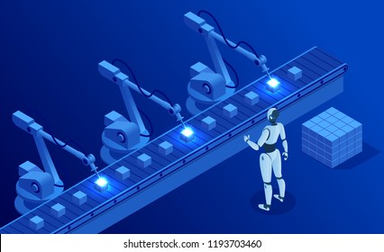 Isometric Industry 4.0 concept. Artificial intelligence. Digital manufacturing operation. Humanoid Robot with AI check and control welding robotics automatic arms machine. Vector illustration