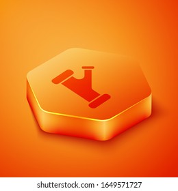 Isometric Industry metallic pipe icon isolated on orange background. Plumbing pipeline parts of different shapes. Orange hexagon button. Vector Illustration