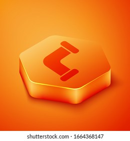 Isometric Industry metallic icono de tubería aislado en fondo naranja. Piezas de tubería de fontanería de diferentes formas. Botón hexágono naranja. Ilustración vectorial