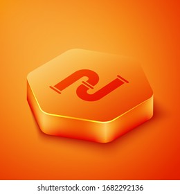 Isometric Industry metallic pipe icon isolated on orange background. Plumbing pipeline parts of different shapes. Orange hexagon button. Vector Illustration