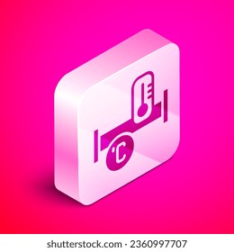 Isometric Industry metallic pipa e icono de temperatura aislados en el fondo rosado. Piezas de tubería de tubería de tubería de diferentes formas. Botón cuadrado plateado. Vector
