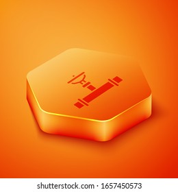 Isometric Industry metallic pipe and valve icon isolated on orange background. Orange hexagon button. Vector Illustration