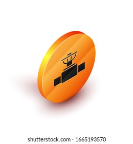Isometric Industry metallic pipe and valve icon isolated on white background. Orange circle button. Vector Illustration