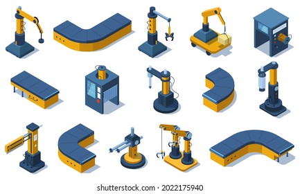 Isometric industry technologies robot arms and factory machines. Industrial automated robots, production conveyor lines vector illustration set. Factory automated machines, manufacturing line