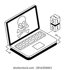 Isometric infected laptop displaying a skull symbol beside a malicious data file.