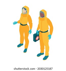 Isometric infectious disease doctor scientist virologist composition with pair of medical specialists in chemical protection suits vector illustration