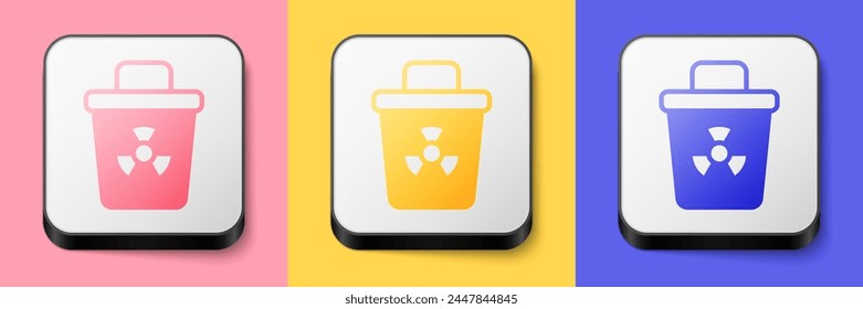 Isometric Infectious waste icon isolated on pink, yellow and blue background. Tank for collecting radioactive waste. Dumpster or container. Biohazardous substances. Square button. Vector