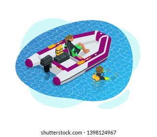 Isometric inflatable boat. A modern inflatable boat with rigid wooden floorboards, a transom and an inflatable keel, powered by an electric trolling motor.