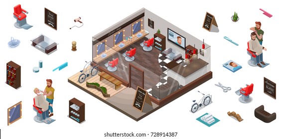 Isometric infographic 3d barber shop interior constructor, hairdresser cutting hair or beard, characters, collection for creation hipster hair salon with people, barbershop chair, bicycle, scissors