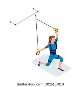 Isometric infographic 3d illustration with girl doing suspension