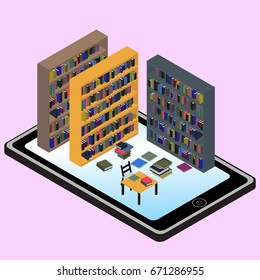 Isometric infographic about  libraries and infomations in mobile in vector