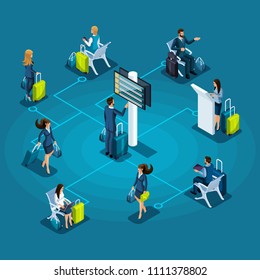 Isometric infographic Airport service concept, passengers with luggage, passengers in waiting room, waiting on the plane vector illustration