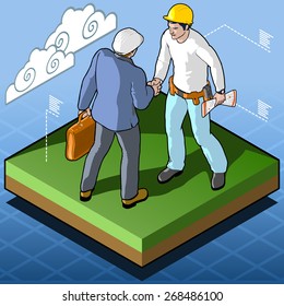 Isometric Infographic Building Certification - Engineer and Worker Handshake - Men at Work. Icon. JPG. JPEG. Object. Picture. Image. Graphic. Art. Illustration. Vector. EPS 10. AI. Drawing - stock