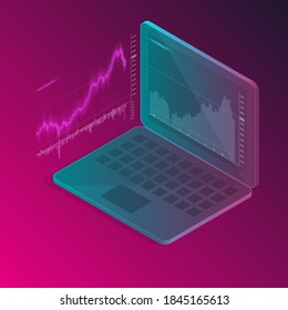 Isometrische Infografik auf der Laptop-Tastatur. Arbeitsplan für Geschäftsleute, Planungs-Finanzbericht-Methodik