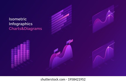 Isometric infographic charts and diagrams for digital presentation of statistic and analytics information. Vector 3d set of stats report charts, finance or business analysis