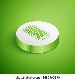 Isometric Infographic of city map navigation icon isolated on green background. Mobile App Interface concept design. Geolacation concept. White circle button. Vector Illustration