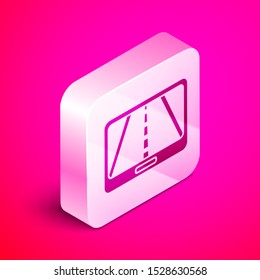 Isometric Infographic of city map navigation icon isolated on pink background. Mobile App Interface concept design. Geolacation concept. Silver square button. Vector Illustration