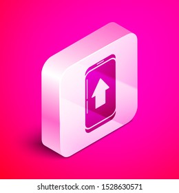 Isometric Infographic of city map navigation icon isolated on pink background. Mobile App Interface concept design. Geolacation concept. Silver square button. Vector Illustration