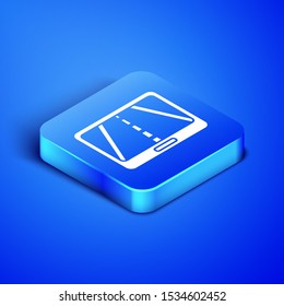 Isometric Infographic of city map navigation icon isolated on blue background. Mobile App Interface concept design. Geolocation concept. Blue square button. Vector Illustration