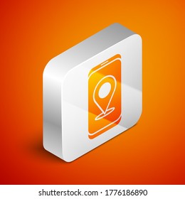 Isometric Infographic of city map navigation icon isolated on orange background. Mobile App Interface concept design. Geolacation concept. Silver square button. Vector Illustration