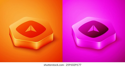 Isometric Infographic of city map navigation icon isolated on orange and pink background. Interface concept design. Geolocation concept. Hexagon button. Vector