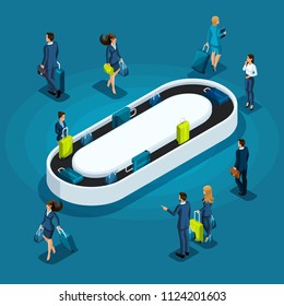 Isometric infographic concept of getting baggage after flight, business lady and businessmen with luggage on a business trip.