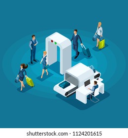 Isometric infographic concept of passing baggage inspection at the entrance to the airport building, business ladies and businessmen on a business trip.