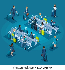 Isometric infographic concept of the waiting room of an international airport, transit zone, business ladies and businessmen on a business trip.