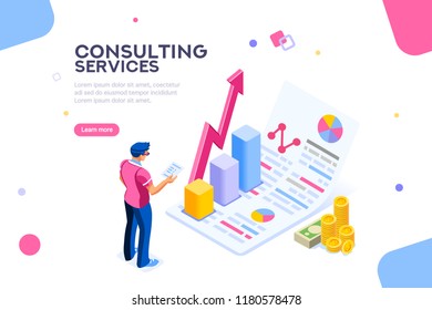 Isometric Infographic Of Consult And Administration. Corporate Risk Graph To Engineering Advertising Value. Account Planning Grow, Management Or Calculate Report Of Audit. Business Vector Illustration