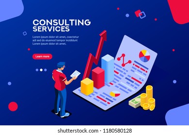 Isometric infographic of consult and administration. Corporate risk graph to engineering advertising value. Account planning grow, management or calculate report of audit. Business Vector illustration