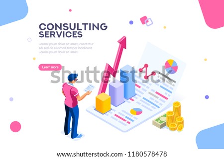 Isometric infographic of consult and administration. Corporate risk graph to engineering advertising value. Account planning grow, management or calculate report of audit. Business Vector illustration