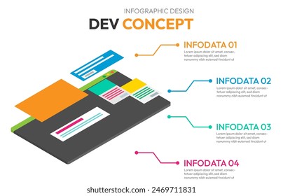 Isometric Infographic design with 4 options leves or steps. Infographics for developer concept. Can be used for presentations banner, workflow layout, process diagram, flow chart, info graph