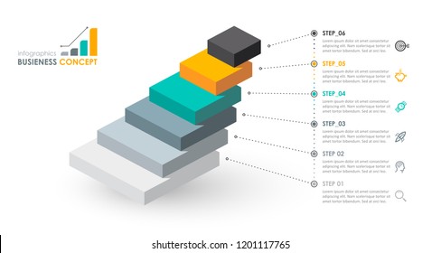 Isometric Infographic design with icons and 6 options leves or steps. Infographics for business concept. Can be used for presentations banner, workflow layout, process diagram, flow chart, info graph