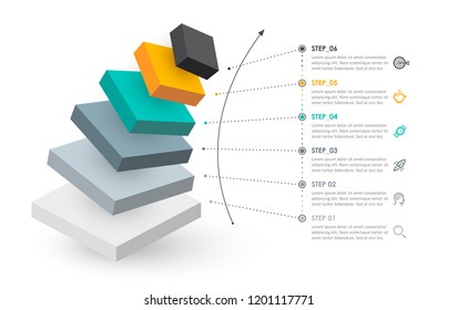 Isometric Infographic design with icons and 6 options leves or steps. Infographics for business concept. Can be used for presentations banner, workflow layout, process diagram, flow chart, info graph