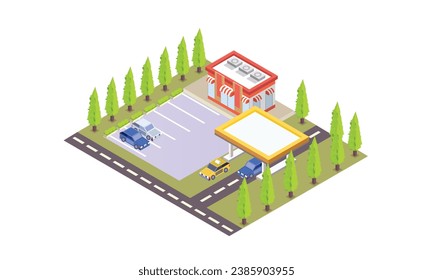 Isometric infographic element representing low petroleum filling station and car.on white background.isometric design. 3D design elements for construction of urban and village landscapes.