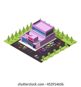 isometric infographic element representing shopping mall or supermarket or superstore building with car and tree on the blue background.