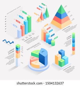 Isometric Infographic Elements - Bar And Line Charts, Percentages, Pie Charts. 3D Vector Illustration.