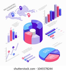 Isometric infographic elements with charts, diagram, pie chart, world map with pins and graphs with percent. Set of Isometric bar charts vector flat illustration isolated on white background.