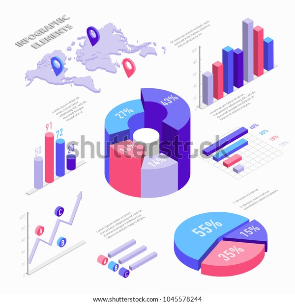 グラフ 図 円グラフ ピンとワールドマップ およびパーセントとグラフを含むアイソメイン情報グラフエレメント 白い背景にアイソメ棒グラフベクター平面イラストのセット のベクター画像素材 ロイヤリティフリー