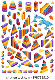 Isometric infographic elements charts graphs and business information isolated vector illustration.