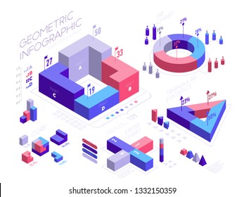 Isometric infographic elements with geometric shapes, icons, graphs, pie diagram, percentage. Set of Isometric 3D bar charts, statistics, report vector flat illustration isolated on white background.