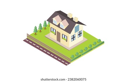 Elementos infográficos isométricos que representan edificios suburbanos.sobre fondo blanco.Diseño 3D.diseño vectorial isométrico Ilustración.