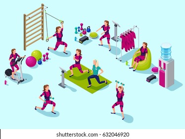 Isometric infographic ems fitness  studio with people doing electrical muscular workout including cardio, suspension, power exercises and sports equipment. Vector illustration