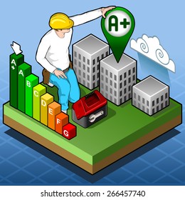 Isometric Infographic Energy Performance Certification and Verification - Energy Classes. Icon. JPG. JPEG. Object. Picture. Image. Graphic. Art. Illustration. Vector. EPS 10. AI. Drawing  stock vector