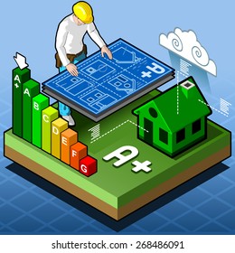 Isometric Infographic Energy Performance Certification Design - Energy Classes. Icon. JPG. JPEG. Object. Picture. Image. Graphic. Art. Illustration. Vector. EPS 10. AI. Drawing - stock vector