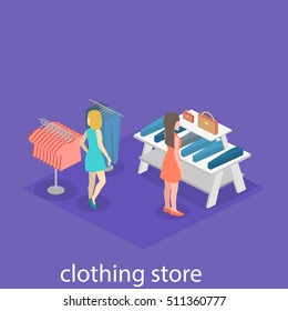 Isometric infographic flat 3D concept vector interior of clothing store inside.