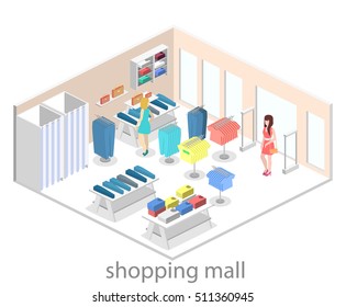 Isometric infographic flat 3D concept vector interior of clothing store inside.