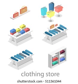 Isometric infographic flat 3D concept vector interior of clothing store inside.