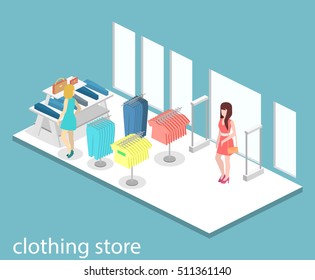 Isometric infographic flat 3D concept vector interior of clothing store inside.